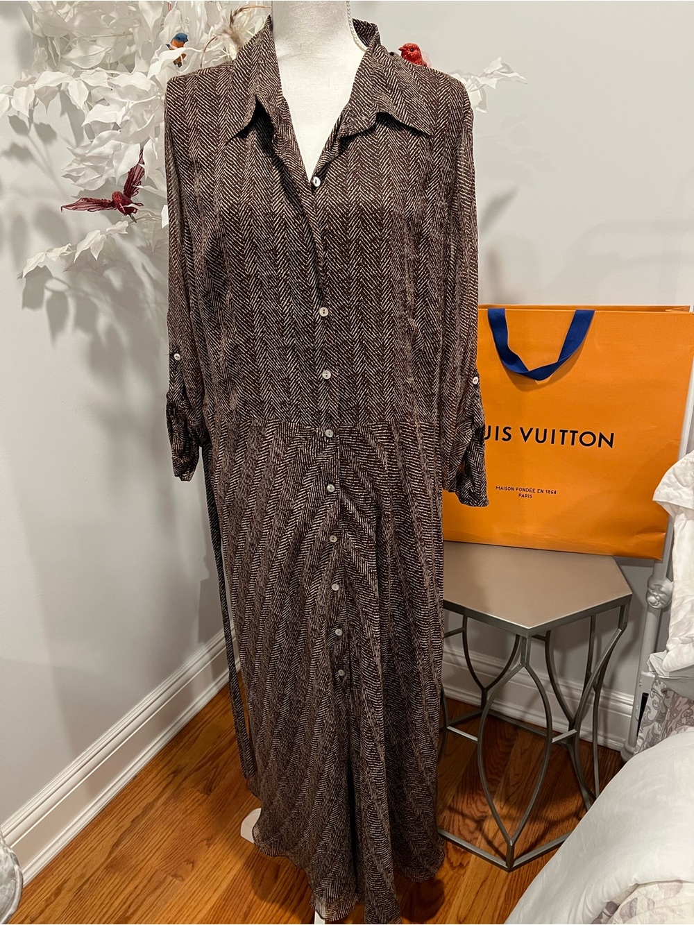 Charter Club Brown Herringbone Button-Front Maxi Dress
